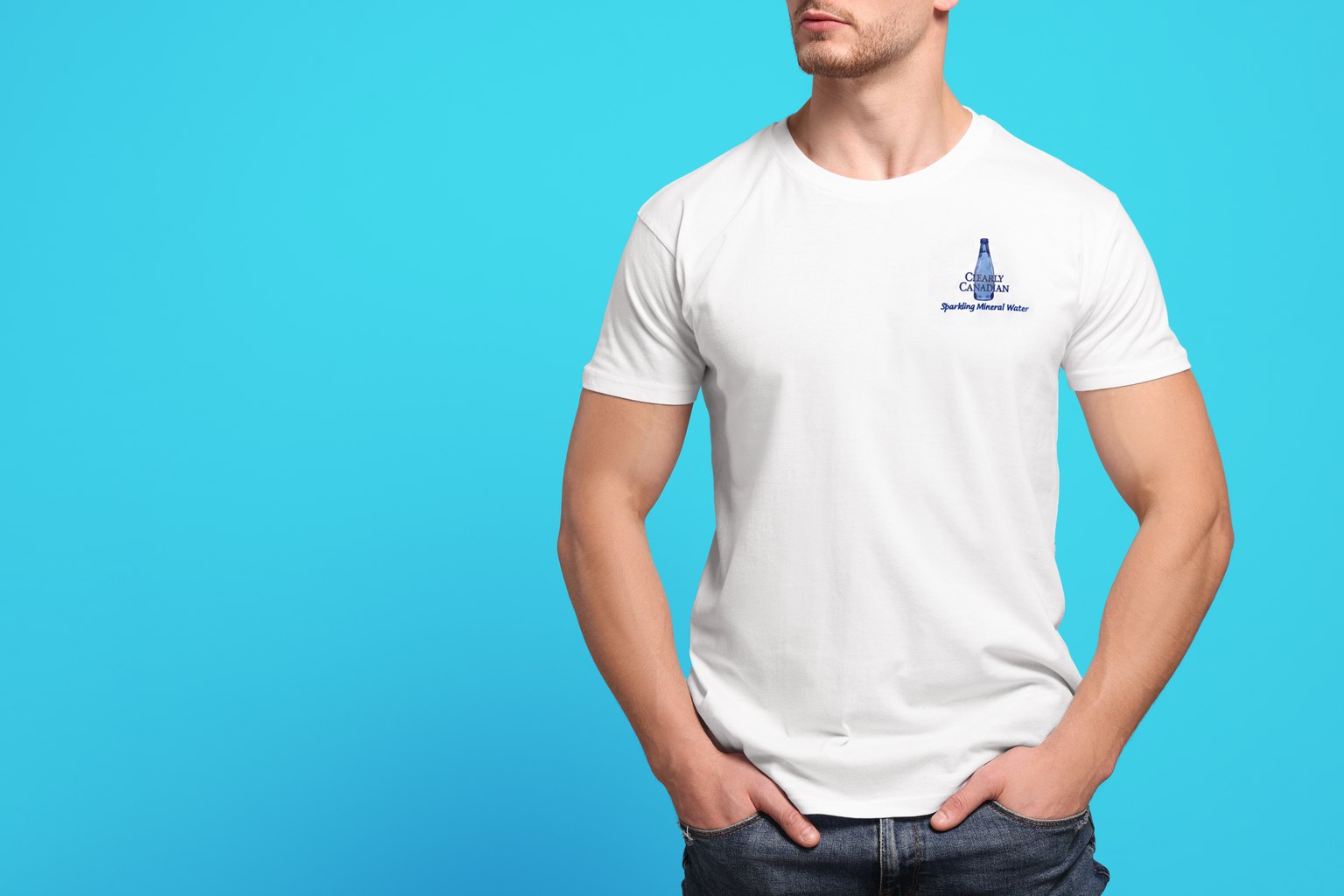 White tee with a small embroidered Clearly Canadian bottle, front