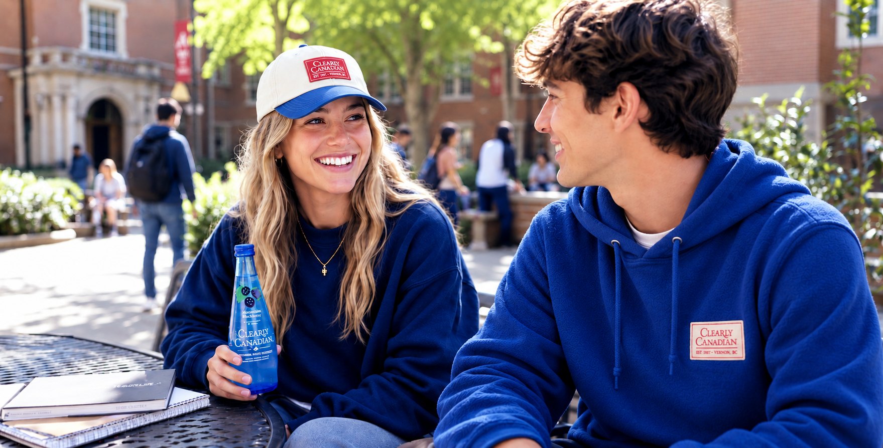 Two friends at a campus table in Clearly Canadian gear, one in the blue hoodie