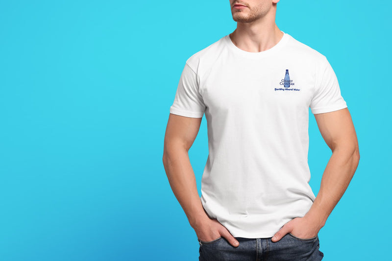 White tee with a small embroidered Clearly Canadian bottle