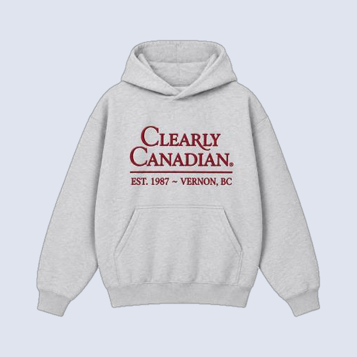 Clearly Canadian grey hoodie with the heritage lockup, Est. 1987 Vernon BC