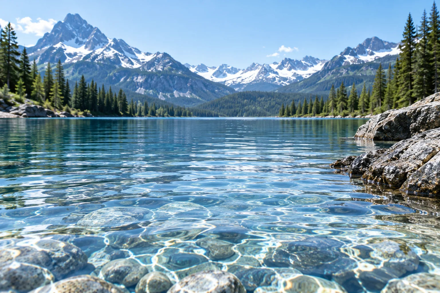 Clear mountain lake and shallows