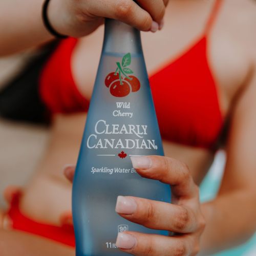 Clearly Canadian - Four 325ml Bottles of All Four Flavours On a Rock by a Mountain Stream